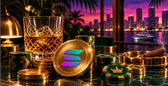 Gold Solana coin, casino chips and a glass on a green gaming table