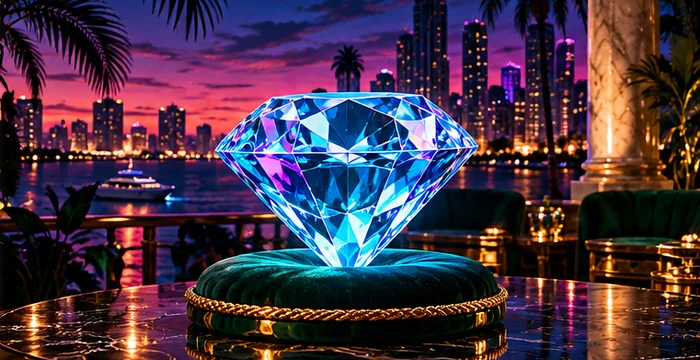 Glowing blue diamond overlooking Miami at night
