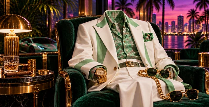 White suit with mint-green details in a luxury lounge