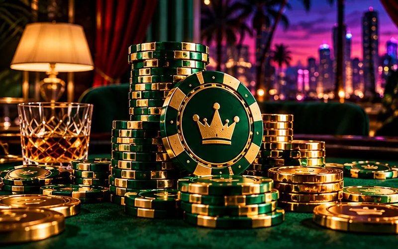 Emerald poker chips with a golden crown